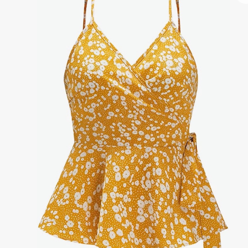 SheIn Women's V Neck Sleeveless Camisole Floral Tie Side Ruffle Wrap Cami Top